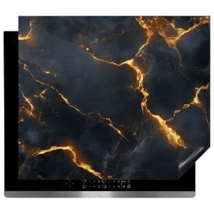 Inductie Beschermer – Afdekmat - Zwart Marmer met Gloeiende Gouden Aders