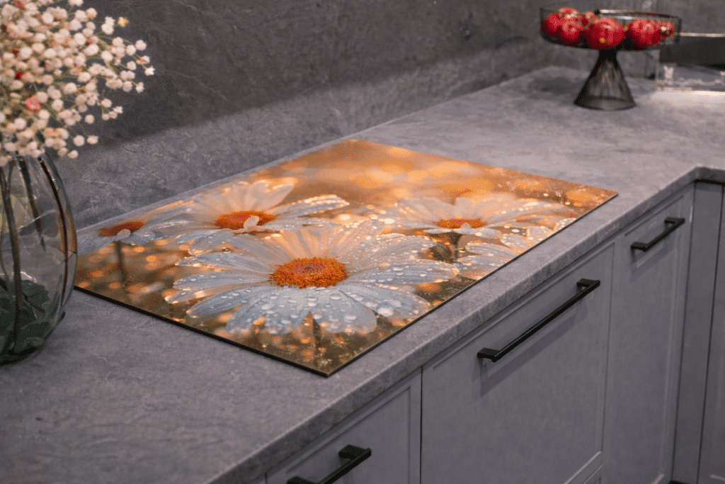 Afdekmat voor in de keuken met witte bloemen thema