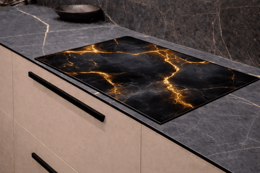 Inductie afdekplaat met zwart marmer met gouden aders design